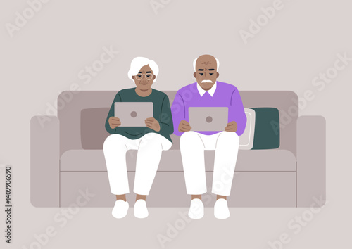 Two seniors sit together on a couch, each using a tablet to connect with the digital world, They reflect the evolving habits and interests of older generations in technology