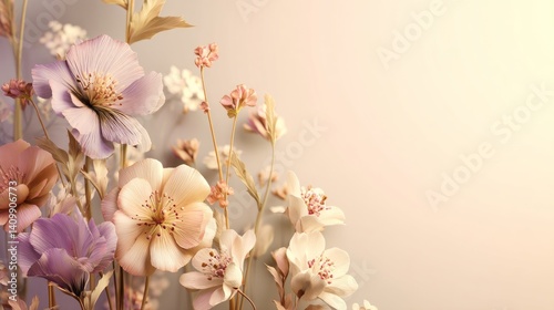 Easter decoration chick ornaments festive banners. Delicate Floral Beauty Displaying Ethereal Pastel Flowers on a Soft Light Gradient Background.
