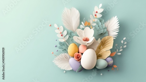 Easter decoration chick ornaments festive banners. Delicate Pastel Spring Easter Egg Floral Arrangement with Feathers and Blossoms on Soft Blue Backdrop.