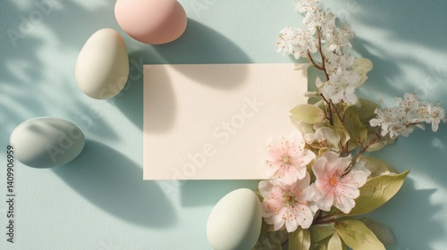Easter decoration chick ornaments festive banners. Delicate Spring Easter Celebration with Eggs Flowers and a Blank Invitation Card Display.