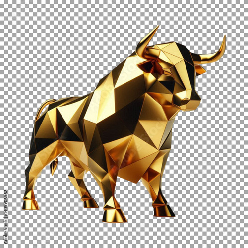 a shiny, multi-faceted, low-poly gold bull, Luxurious Geometric Bull - Golden Art Piece on transparent background, png, psd

