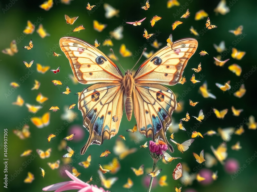 A butterfly is surrounded by many other butterflies. The butterfly is yellow and has a blue spot on its wing