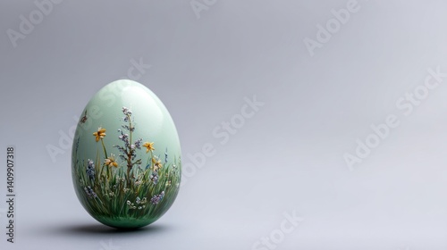 Easter decoration chick ornaments festive banners. Easter Egg Decorated with Floral Motifs Standing on a Neutral Surface Background Art Decor.