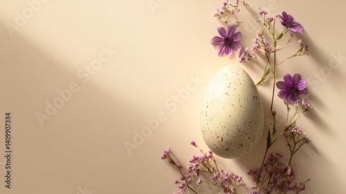 Easter decoration chick ornaments festive banners. Easter Egg Spring Flowers Pastel Background Delicate Light Festive Atmosphere with Speckled Egg Decor.