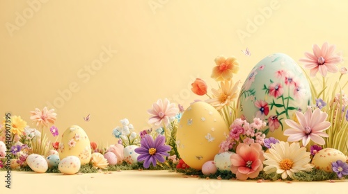 Easter decoration chick ornaments festive banners. Easter Egg Display among Spring Flowers on Light Background Artistic Festive Arrangement 93 chars.