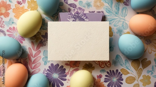 Easter decoration chick ornaments festive banners. Easter Eggs Arrangement with Blank Card on Floral Background for Festive Springtime Celebration.