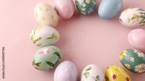 Easter decoration chick ornaments festive banners. Easter Eggs Circle with Floral Designs on a Pastel Pink Backdrop in Studio Light Composition.