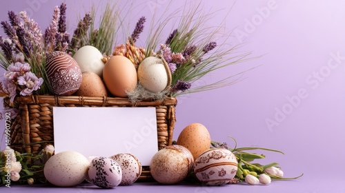 Easter decoration chick ornaments festive banners. Easter Eggs Basket Still Life with Spring Flowers and Blank Card Mockup on Purple Background Decor.