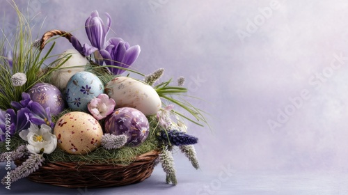 Easter decoration chick ornaments festive banners. Easter Eggs with Purple Crocuses Flowers in a Woven Basket Still Life Arrangement Centerpiece.