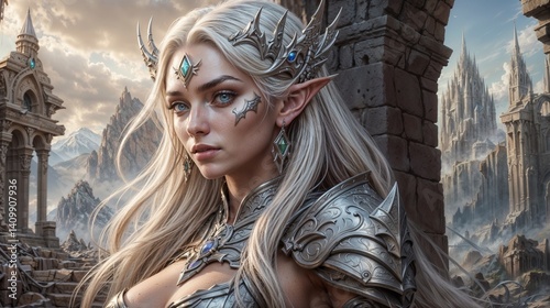 mystical elven warrior woman in ornate armor near gothic castle under cloudy sky for use in fantasy book covers or concept art projects