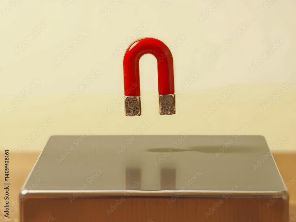A red magnet is suspended in midair above a silver box. The magnet is upside down and he is floating. The scene is whimsical and playful, as if the magnet has come to life and is defying gravity