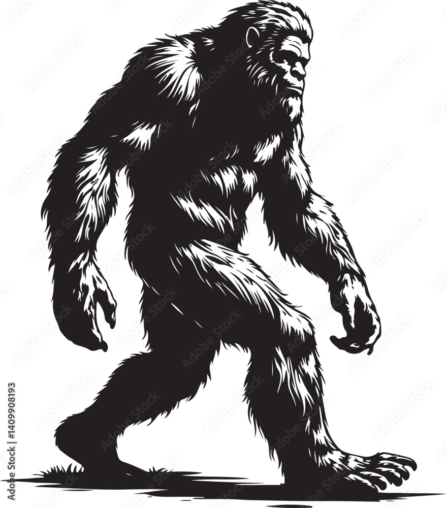 Fototapeta premium Walking Bigfoot Silhouette – Mythical Creature IllustrationSasquatch in Motion – Hand-Drawn Forest Legend ArtMonochrome Yeti Sketch – Cryptid in the Wild