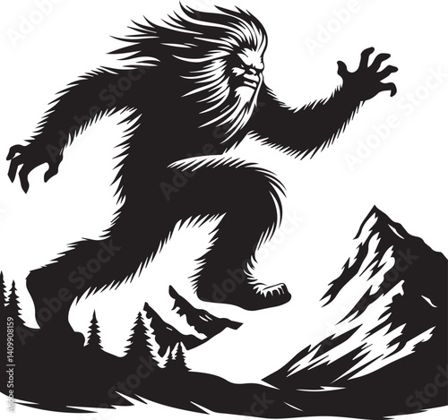 Bigfoot Yeti black and white jumping on a mountain silhouette vector design