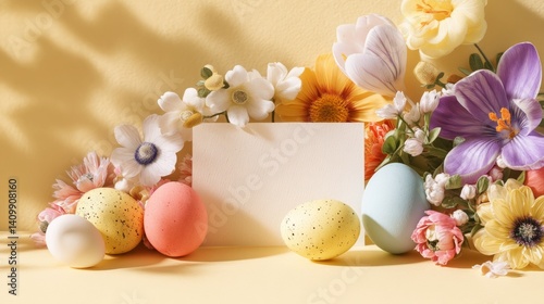 Easter decoration chick ornaments festive banners. Easter Season Eggs and Flowers Still Life Composition Holiday Season Spring Time Festivity Concept.