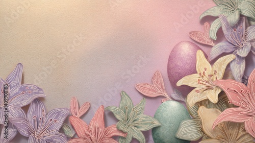 Easter decoration chick ornaments festive banners. Easter Lily Flowers and Painted Eggs Seasonal Festive Pastel Art Composition Graphic Presentation.