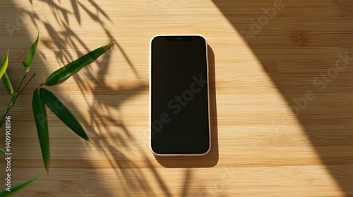 An overhead view of a phone on a wooden table with sunlight casting shadows, highlighting the phone's sleek design, set against a plain wood background for a clean aesthetic.