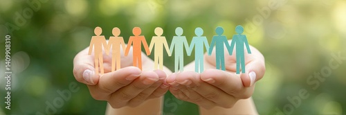 Paper Chain People Held in Caring Hands Against a Green Background