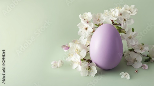 Easter decoration chick ornaments festive banners. Elegant Easter Egg in Pastel Lavender Beside Delicate Springtime White Blossoms on Light Green Surface.