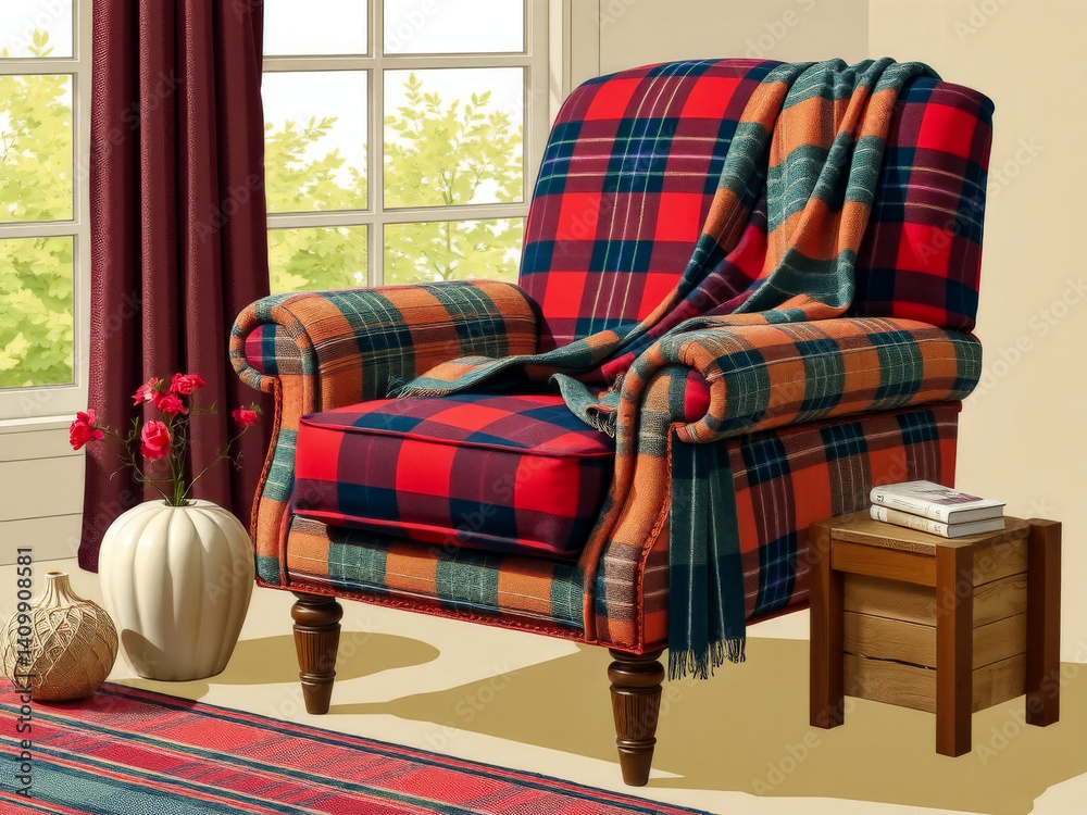 A colorful chair with a plaid blanket draped over it sits in front of a window. The chair is surrounded by a rug and a vase with a pumpkin on it. The room has a cozy and warm atmosphere