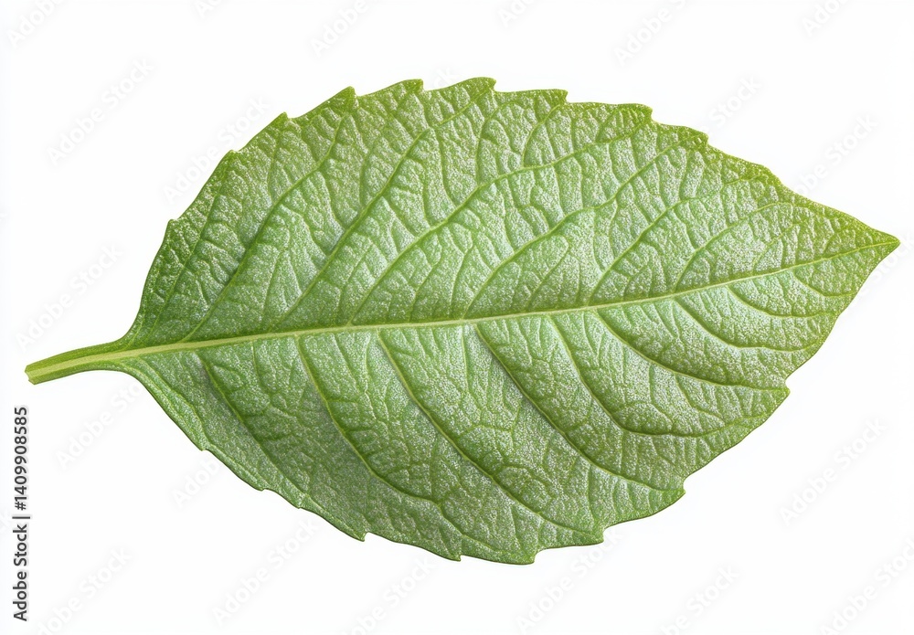 Obraz premium Close-up of a Fresh Green Leaf on a White Background