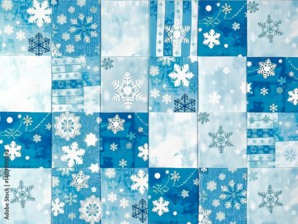 A blue and white patchwork quilt with snowflakes on it. The snowflakes are scattered throughout the quilt, with some larger and some smaller. The overall mood of the quilt is cheerful and festive