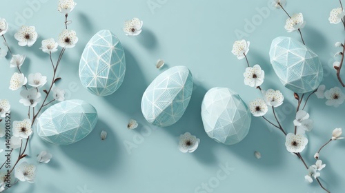 Easter decoration chick ornaments festive banners. Elegant Easter Eggs Artistic Display Pastel Blue Springtime Celebration with Delicate Floral Branches.