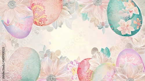 Easter decoration chick ornaments festive banners. Elegant Easter Eggs and Daisy Floral Frame Border for Celebratory Pastel Holiday Background.