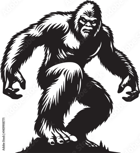 Bigfoot Yeti black and white on attacking mode silhouette vector design
