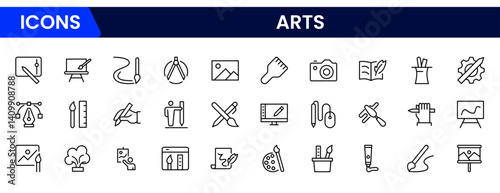 Vector illustration web line icon collection showcasing paint palettes, brushes, easels, and creative tools symbolizing artistic expression, creativity, and visual arts inspiration.