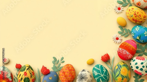 Easter decoration chick ornaments festive banners. Festive Easter Eggs and Flowers on Yellow Background A Colorful Celebration of Springtime Holiday.