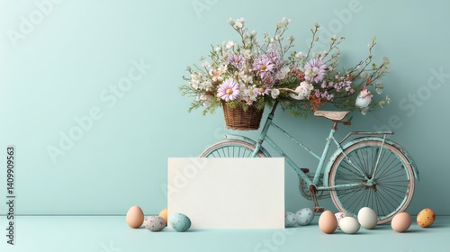 Easter decoration chick ornaments festive banners. Floral Bicycle with Pastel Eggs and Blank Card Springtime Still Life Pastel Aesthetics.