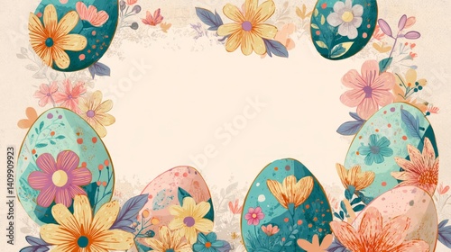 Easter decoration chick ornaments festive banners. Floral Easter Egg Arrangement in Pastel Hues Celebration Design.