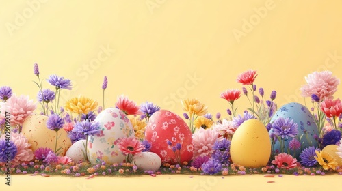 Easter decoration chick ornaments festive banners. Floral Easter Eggs Celebration with Vibrant Blooms and Festive Decorations Holiday Springtime.