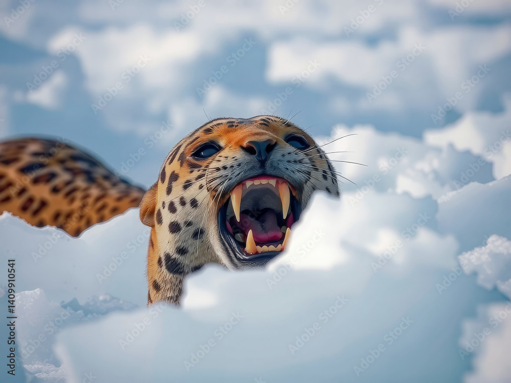 A jaguar is in the snow, with its mouth open and teeth bared. Concept of danger and wildness, as the jaguar is a powerful predator that is not afraid to show its teeth