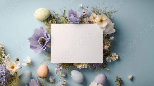Easter decoration chick ornaments festive banners. Gentle Easter Arrangement with Pastel Eggs and Flowers Surrounding Blank White Card on Blue.