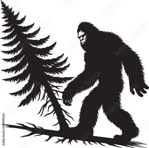 Bigfoot Yeti black and white taking a tree on his shoulder silhouette vector design