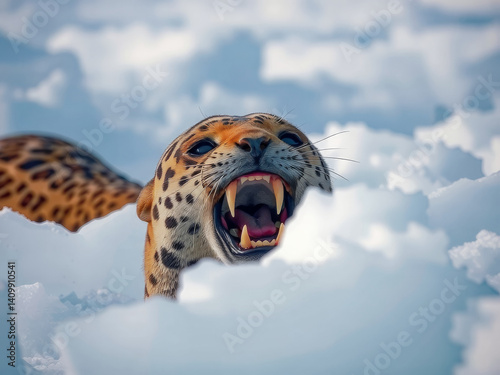 Obraz na płótnie A jaguar is in the snow, with its mouth open and teeth bared. Concept of danger and wildness, as the jaguar is a powerful predator that is not afraid to show its teeth w salonie