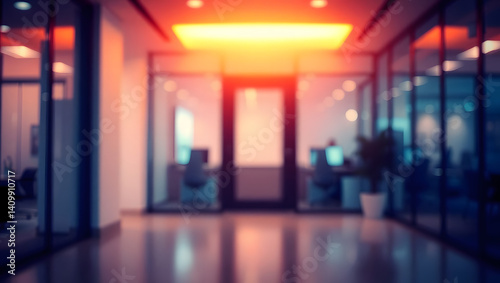 Blurred office interior background with a blurred door and glass wall, blurry bokeh light effect for a business concept design. 
