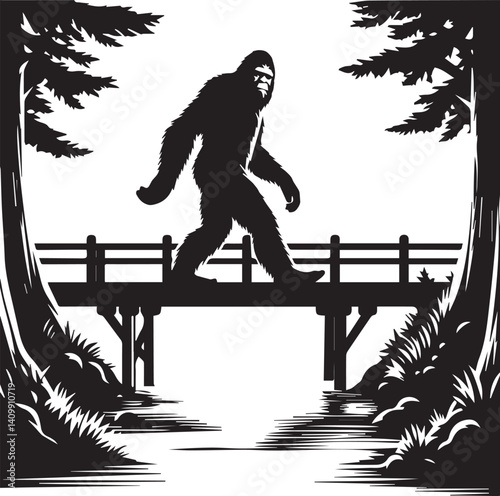 Bigfoot Yeti black and white walking on a bridge silhouette vector design 