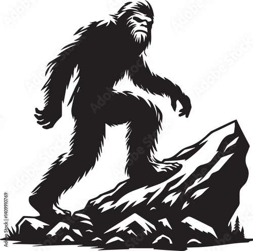 Bigfoot Yeti black and white waking on rock silhouette vector design