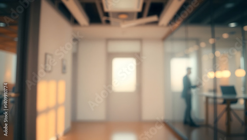 Blurred office interior background with a blurred door and glass wall, blurry bokeh light effect for a business concept design. 