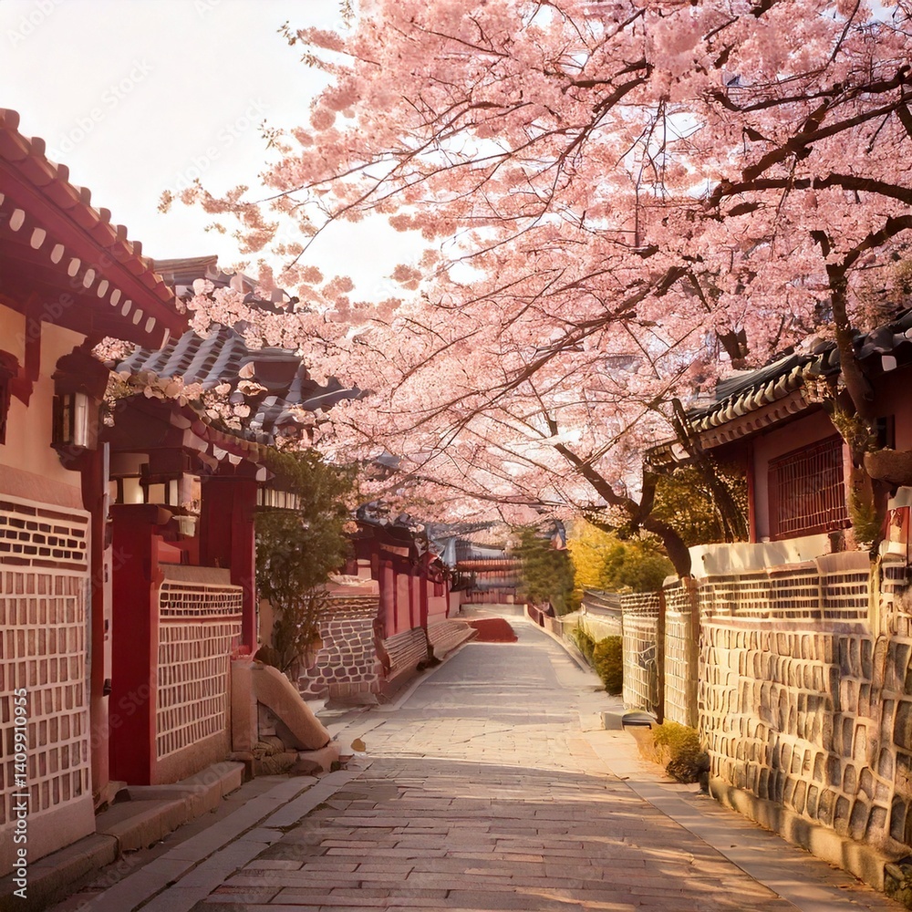 Fototapeta premium Dreamy Korean Spring Street_Prompt-_A peaceful Korean street in spring, cherry blossoms f (3)