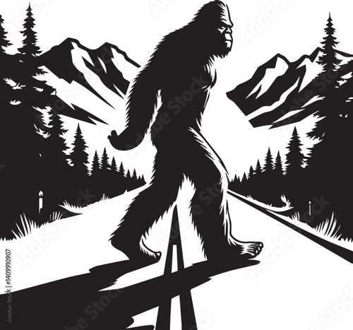 Bigfoot Yeti black and white walking on a road silhouette vector design