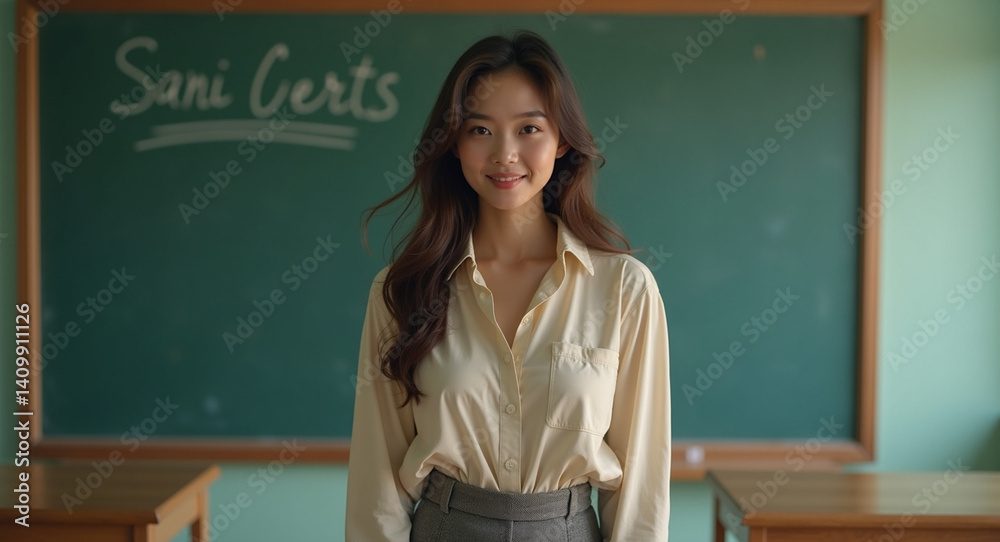 Female adult model, standing in a classroom. Female adult model, standing in a classroom.