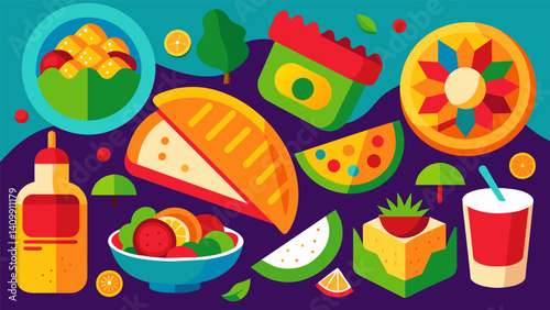 A visual feast of Mexican antojitos with a colorful mix of chilaquiles carne asada tacos and queso dip.. Vector illustration