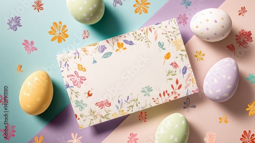 Easter decoration chick ornaments festive banners. Pastel Easter Eggs and Floral Card for Celebration of Spring Season Decorative Holiday Theme Design.