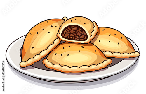 Empanadas icon isolated, golden-brown crust serving with seasoned beef, on white background, perfect for culinary blogs, recipe sites, and food presentations