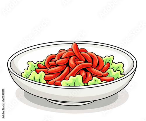 Iconic kimchi dish isolated on white background, vibrant red chili contrast with crisp lettuce for food blogs and culinary presentations