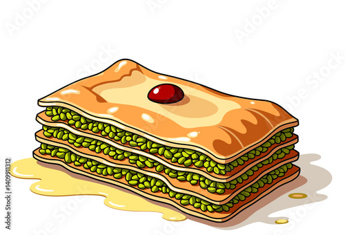 Turkish baklava icon with pistachios isolated on white background, versatile for culinary blogs, recipe websites, or stationery design