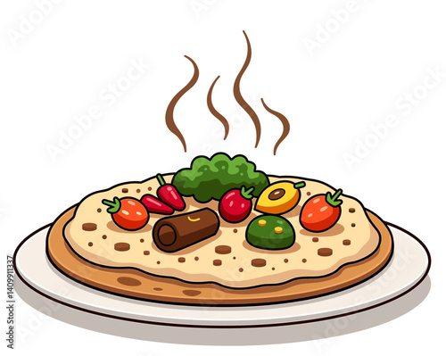 Iconic steaming plate of Ethiopian injera with colorful vegetable stews on isolated white background, perfect for culinary blogs, educational content, and food-related websites